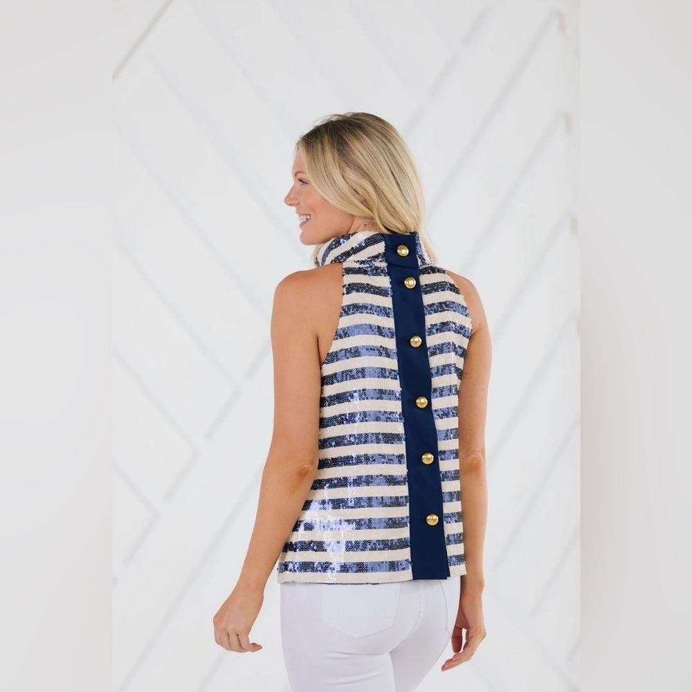 Sail to Sable Sequin Stripe Cowl Neck Halter Top Navy White Lined S/M - Picture 2 of 8